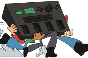 Illustration of 1970s-style figures running away with a huge VG-8.