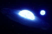 An illustration of two very bright stars, glowing blue, orbiting 1,000 light-years from Earth