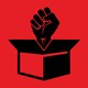 An illustration of a black fist breaking out of a box, against a red background