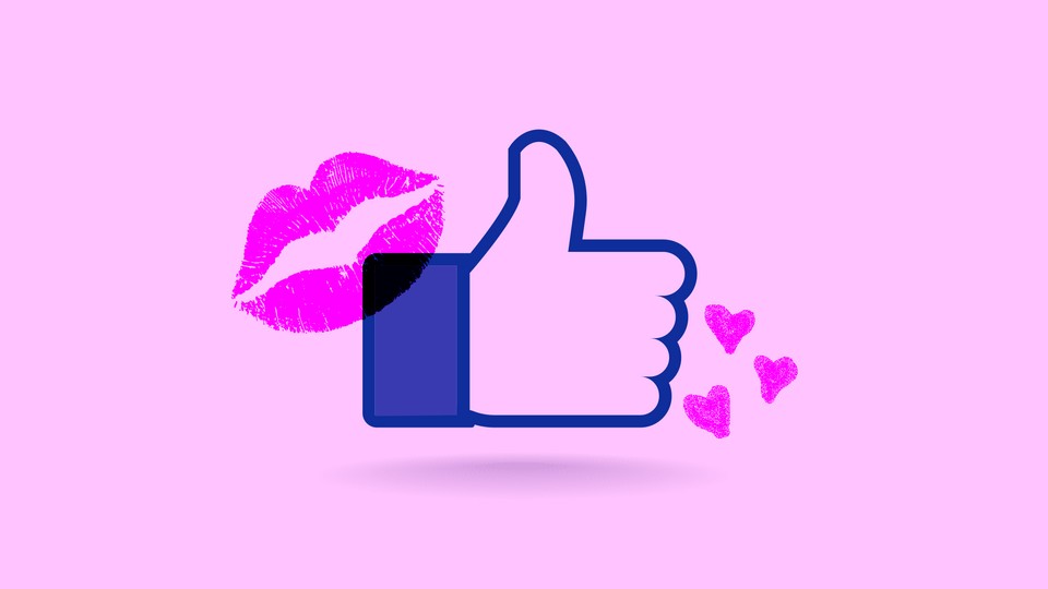 Facebook's "Like" icon surrounded by pink hearts and a pink lipstick mark.
