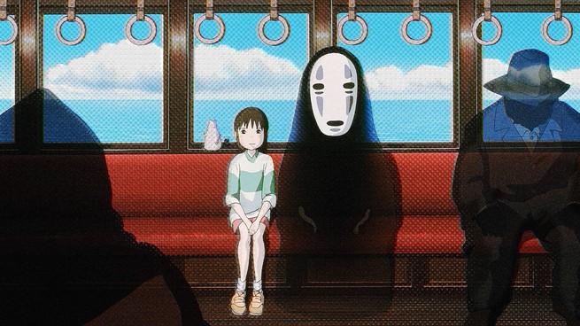 Chihiro and No Face sitting on the mysterious train line in 'Spirited Away'