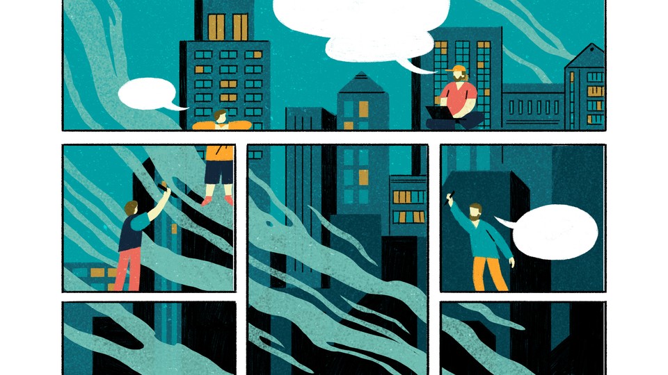 An illustration of comic-book panels depicting a cityscape. Four men climb between the panels to greet one another, with empty word bubbles floating above their heads.