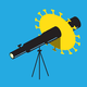 An illustration of a telescope with a coronavirus shape nearby