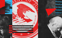 Illustrated collage of Donald Trump, the DOJ seal, Joe Biden, in red, black, and blue
