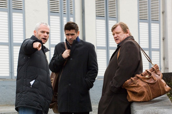 Martin McDonagh, Colin Farrell, and Brendan Gleeson on the set of 'In Bruges'