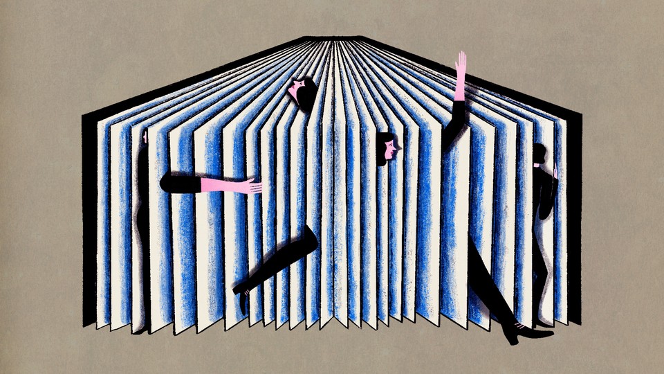 illustration of an open book with faces and body parts emerging from the pages