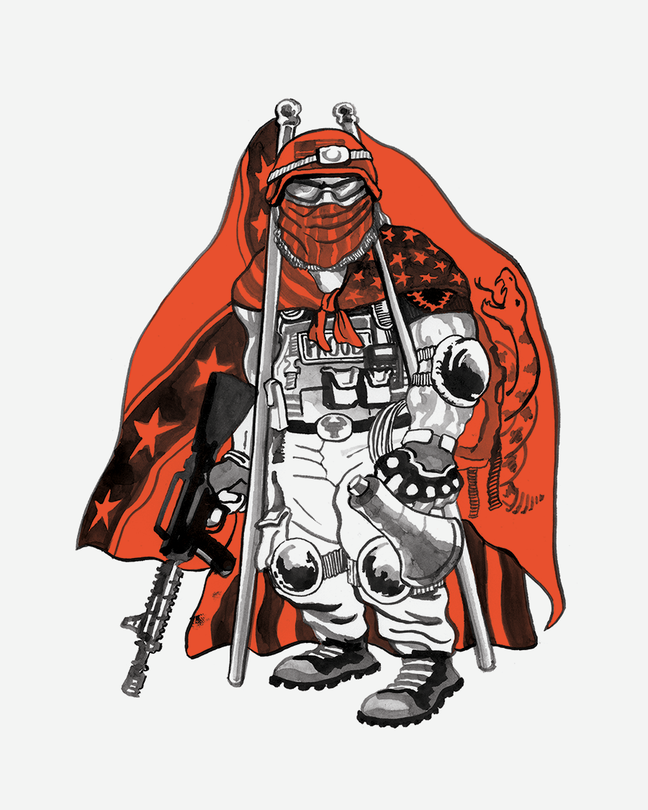 Ilustración de un alborotador con casco y lentes y disfrazado con equipo de combate y rodilleras, sosteniendo un megáfono, un fusil y banderas confederadas y de Gadsden.