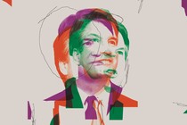 Illustration: 3 overlapping images of Brett Kavanaugh with different facial expressions (one green, one red, one purple)