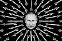 A photo illustration of rings of missiles radiating from a photo of Vladimir Putin