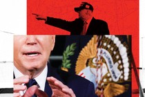 A collage of Donald Trump pointing behind a cropped photo of Joe Biden speaking