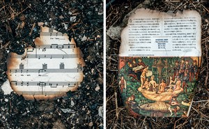 2 photos: sheet music fragment with scorch marks on charred ground; page fragment with Japanese characters and color medieval illustration of people sitting in fountain