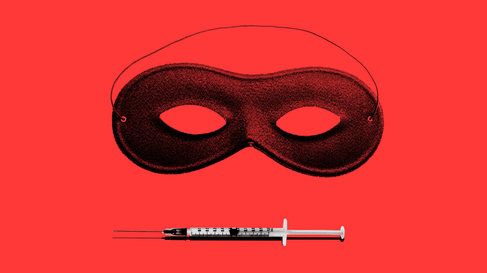 Illustration of a mask with a vaccine needle.