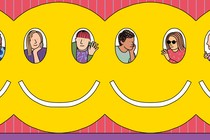 People peer out of the eyes of interconnected smiley faces