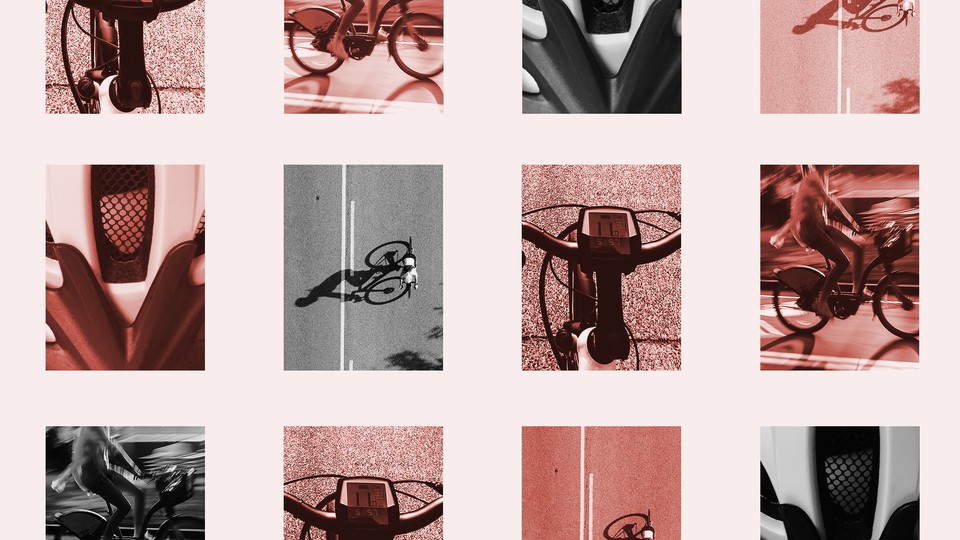 A collage of 12 photographs of e-bikes against a light-pink background
