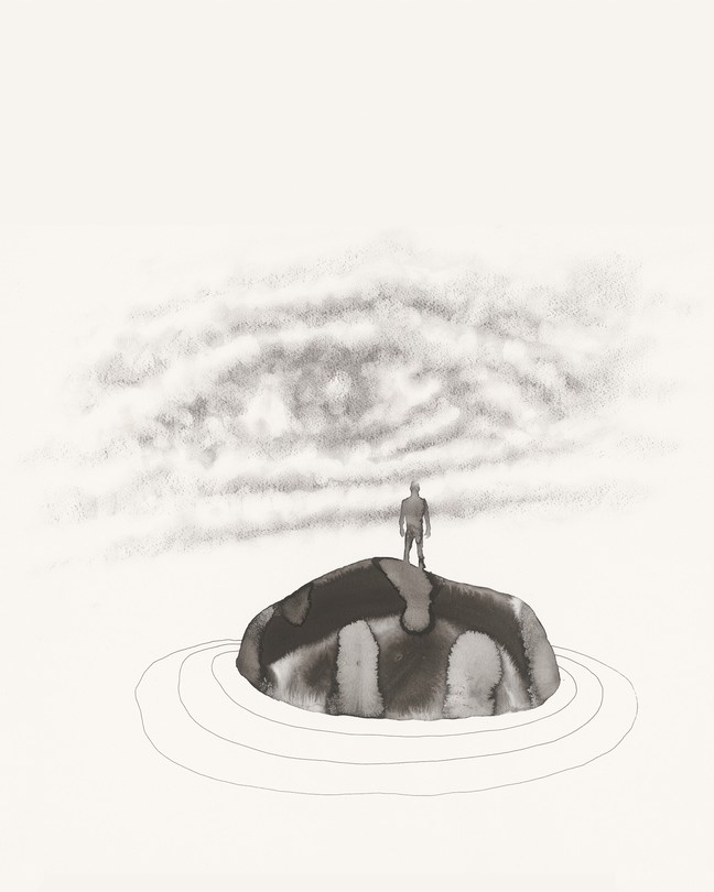 pen-and-ink-style illustration of figure standing alone on rock in water facing clouds in shape of eye