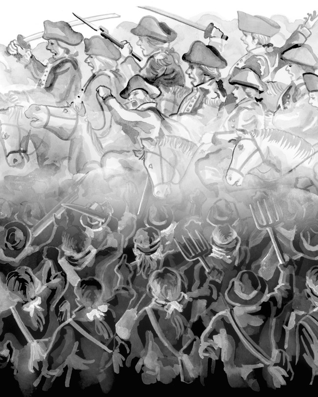 detail from black-and-white illustration of soldiers in colonial dress, with swords, on horseback in haze of battle