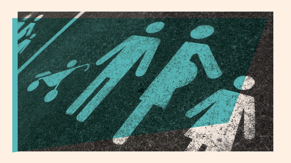 A photo-illustration of a parking space painted with the symbols of a family.