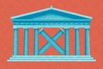 Illustration of the Supreme Court building with two pillars forming an “X” to block the entrance