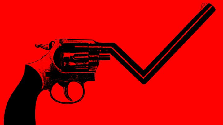 An illustration of a gun whose barrel morphs into a graph line that falls then rises