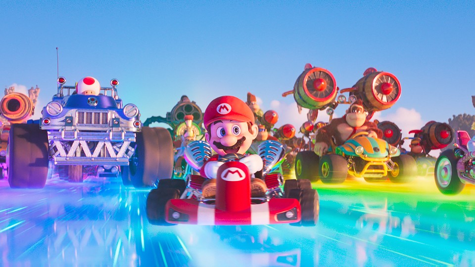 Mario and his friends race on go-karts in 'The Super Mario Bros. Movie'