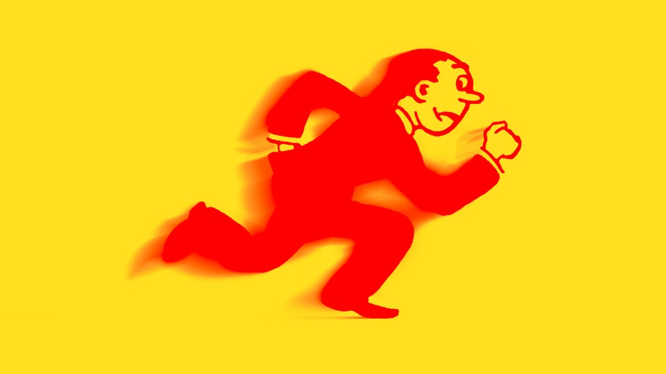 Illustration of a red man in a suit running rightward with a yellow background
