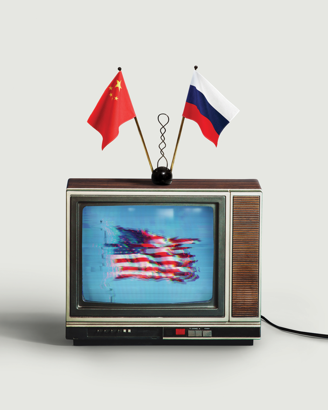 illustration with old-fashioned cathode-ray TV set with Russian and Chinese flags as its antennae, tuning in to a distorted image of the American flag