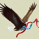 Illustration of a bald eagle carrying blue and red ribbons in its beak