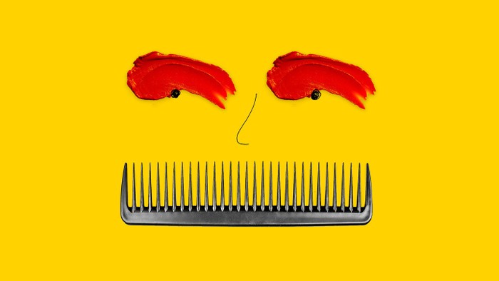 Illustration of makeup as eyebrows and a comb as a mouth