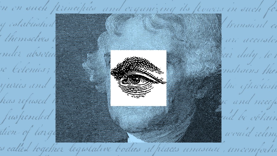 An illustration of an eye superimposed on an image of Thomas Jefferson, against a background of text from the Declaration of Independence.