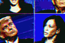 A glitchy image of Trump and Biden
