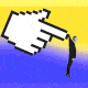 A moving photo illustration of a computer finger cursor dangling Vladimir Putin from his collar, over a blurred background of the Ukrainian national flag