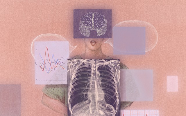 an illustration of a person covered with medical tests