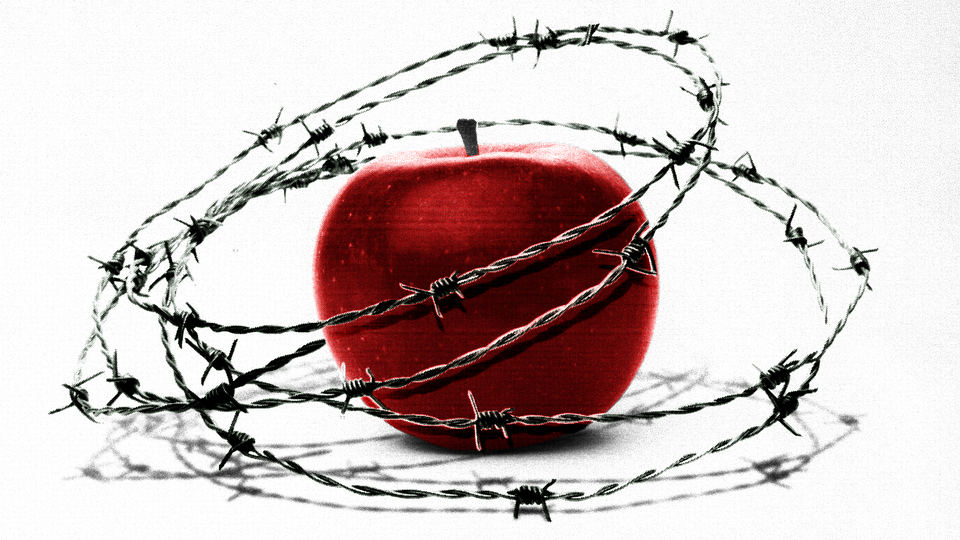 Illustration of an apple surrounded by barbed wire