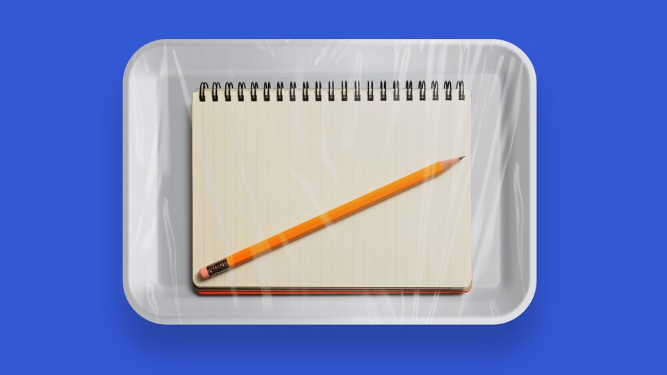 Illustration of a pencil and pad of paper in a sealed microwave-meal container