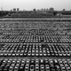 Aerial view of new Nissan vehicles sit parked at a parking lot in Xiangyang, Hubei Province of China