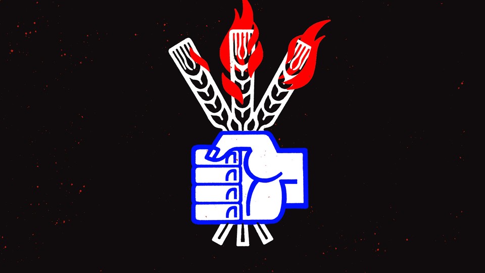 An illustration of a fist grasping a sheaf of wheat on fire, in the colors of a Russian flag
