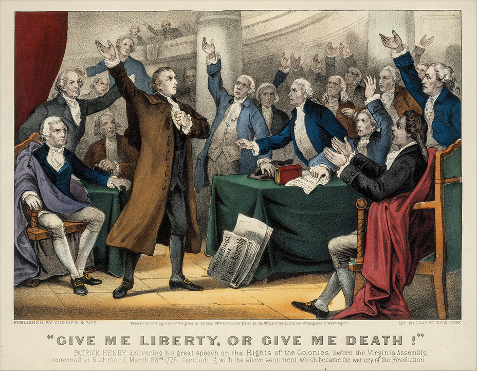 image of antique poster with color engraving of assembled crowd rising at end of speech, Patrick Henry speaking with arm raised, and caption "GIVE ME LIBERTY, OR GIVE ME DEATH"