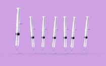 Illustration of a big vaccine syringe with a line of smaller ones trailing behind