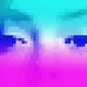 A pixelated woman's face, in a pink and blue gradient.