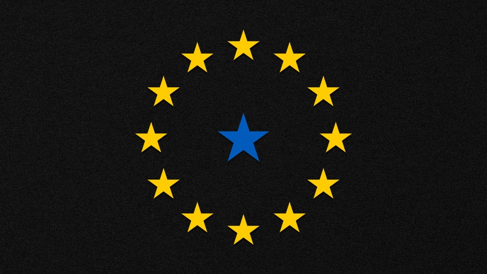 A circle of yellow stars around a blue star against a black field