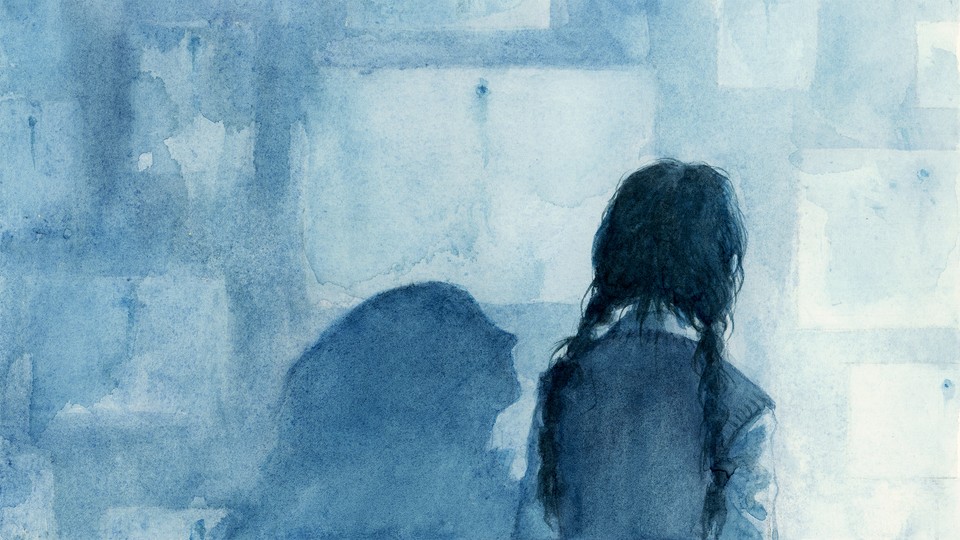 An illustration of a woman staring at a wall of missing family photographs