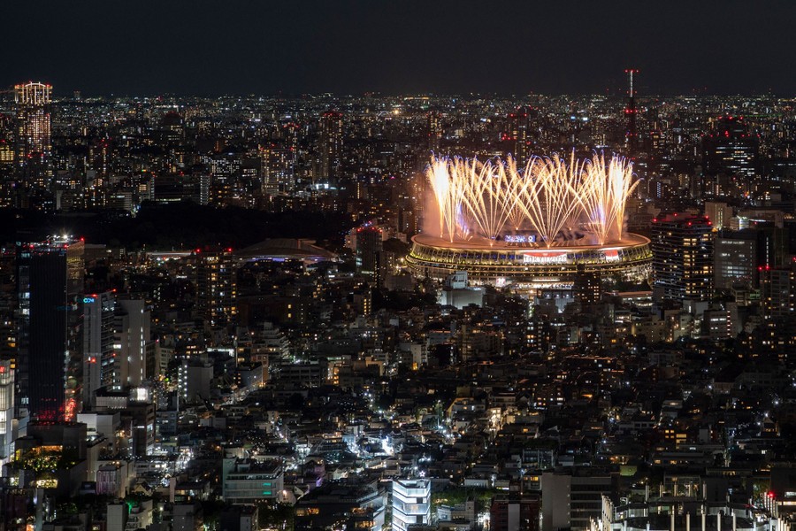 Fireworks light up the sky over Olympic Stadium in Tokyo.