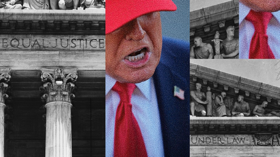 Collage of photos of Donald Trump speaking and the Supreme Court building