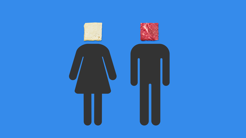 A stick-figure woman with a block of tofu for a head, and a stick-figure man with a block of meat for a head