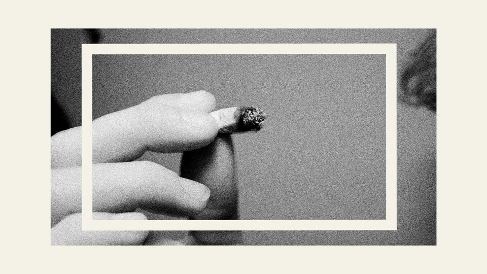 photo-illustration of fingers holding marijuana cigarette