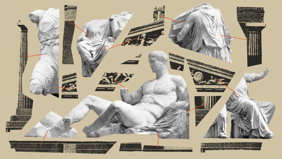 Collage of photographs of marble sculptures and pieces of the Parthenon building, connected with red lines