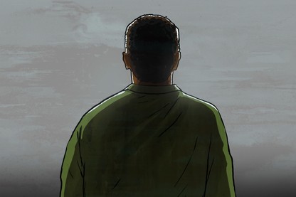 A silhouette of a man from behind, against a grey background