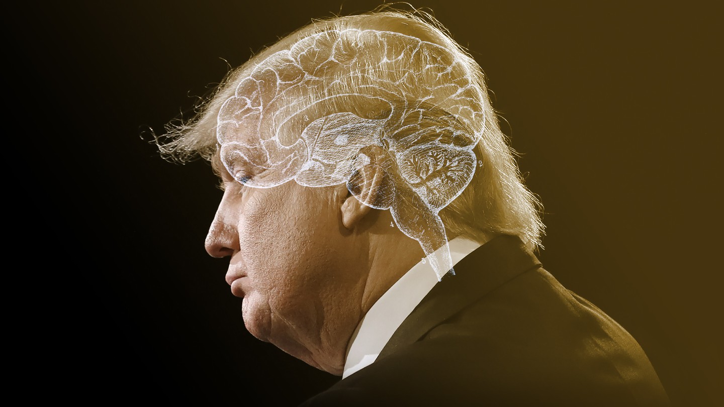 A profile of Donald Trump with the shape of a brain superimposed