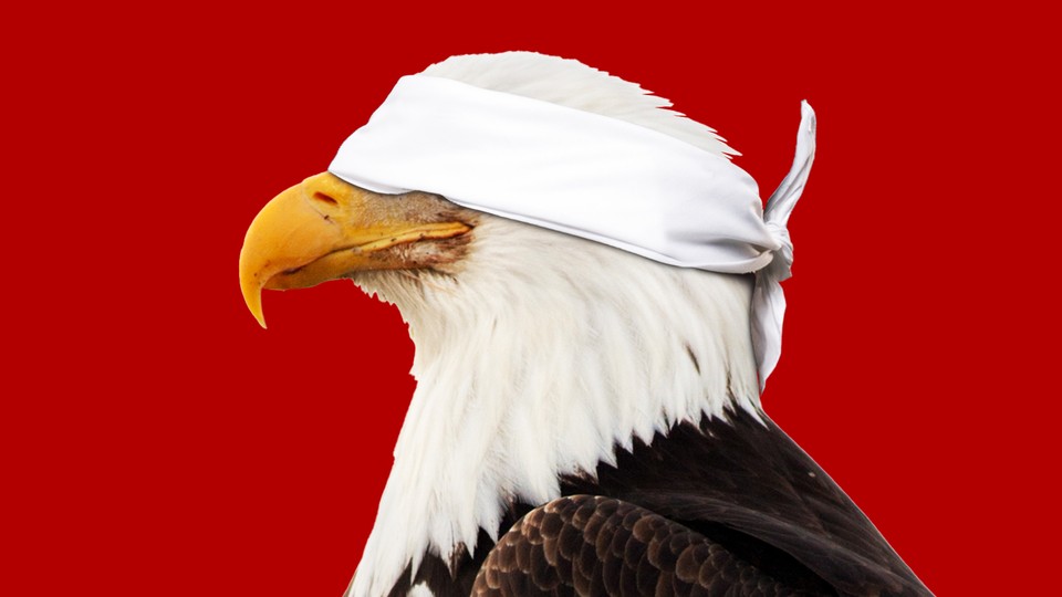 Illustration of a bald eagle wearing a blind fold.