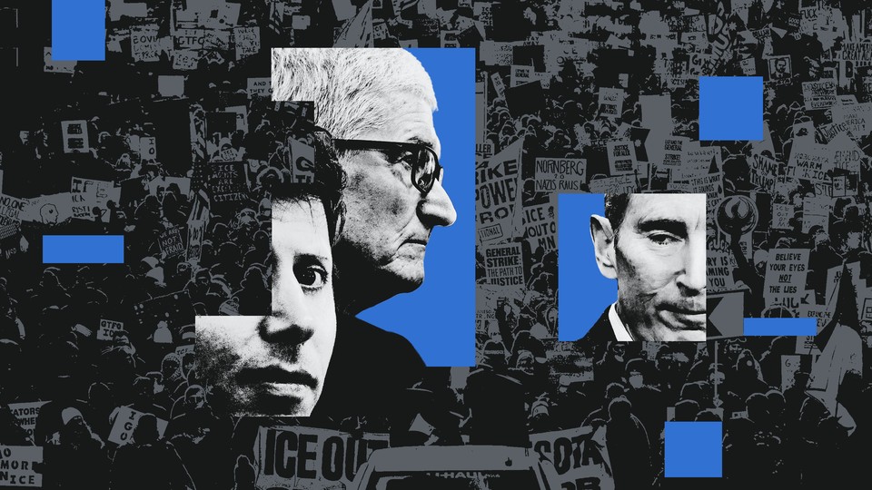 An illustration of Tim Cook, Andy Jassy, and Sam Altman